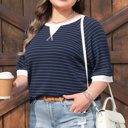Blue Stripe 2X Melany Trim Ribbed T PLUS Shirt