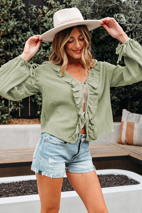 Natalia Bow Tie Front Ruffle Trim Long Sleeve Gauze Blouse