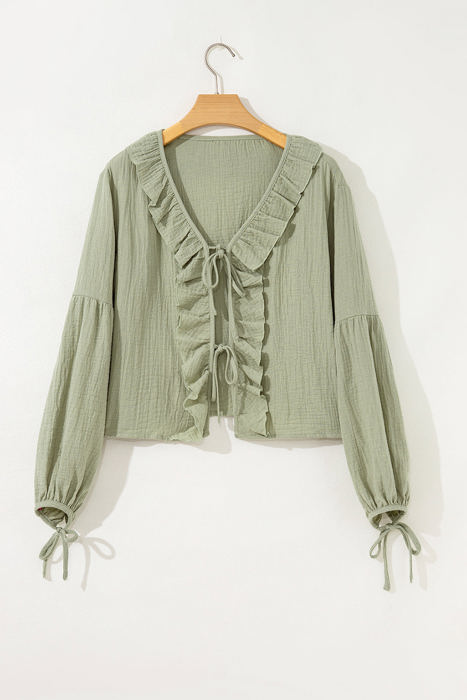 Natalia Bow Tie Front Ruffle Trim Long Sleeve Gauze Blouse