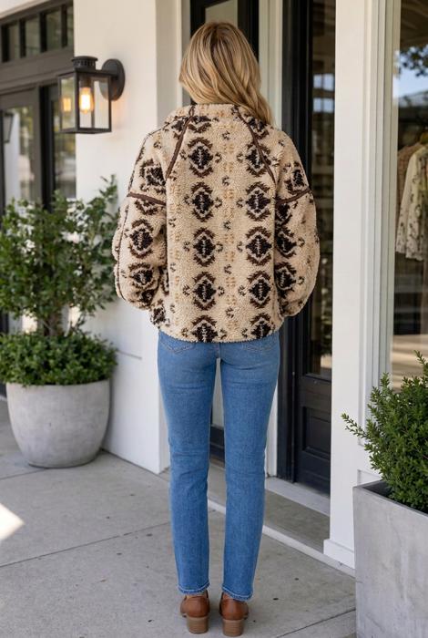 Nathalee Print Geometric Fleece Pullover