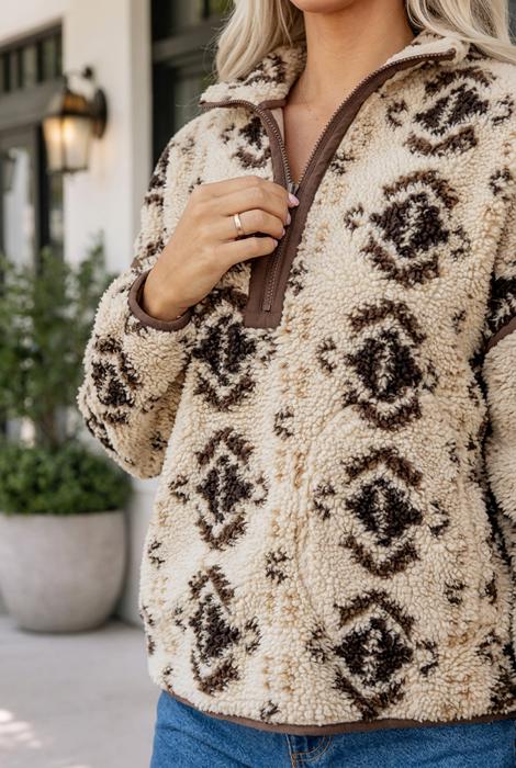 Nathalee Print Geometric Fleece Pullover