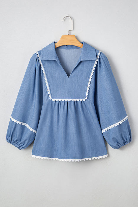 Nevaeh Lace Ric Rac 3/4 Puff Sleeve Collared Babydoll Blouse