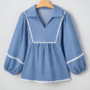  Nevaeh Lace Ric Rac 3/4 Puff Sleeve Collared Babydoll Blouse