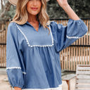 Dusk Blue Medium Nevaeh Lace Ric Rac 3/4 Puff Sleeve Collared Babydoll Blouse