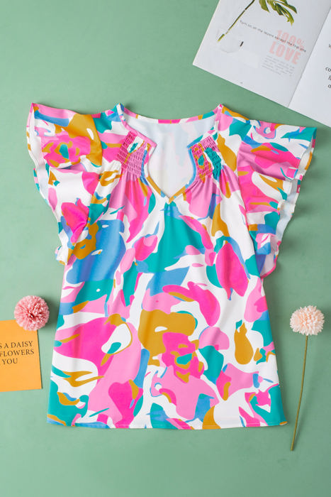 Noemi Notched Neck Flutter Sleeve Blouse