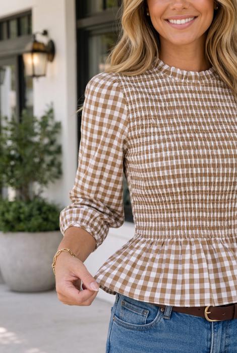 Norah Shirred Plaid Peplum Top