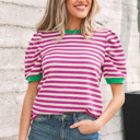 Rose Stripe Small Nova Sleeve Contrast Trim Tee
