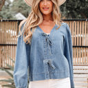  Oakley Tied Front Long Puff Sleeve Denim Top