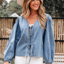  Oakley Tied Front Long Puff Sleeve Denim Top