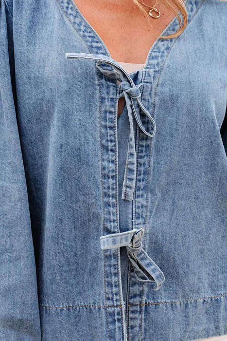 Oakley Tied Front Long Puff Sleeve Denim Top