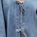  Oakley Tied Front Long Puff Sleeve Denim Top