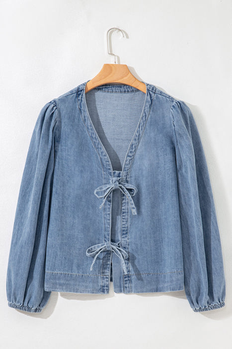 Oakley Tied Front Long Puff Sleeve Denim Top