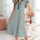 Green Stripe Medium Ophelia Contrast Trim Midi Dress