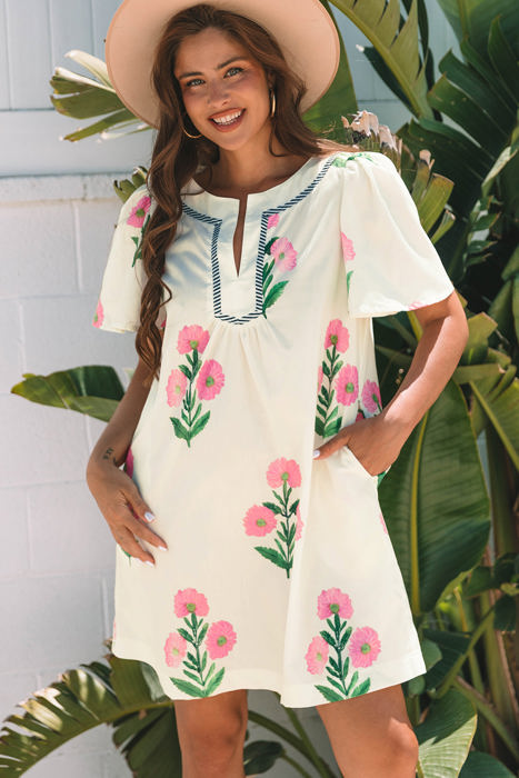 Paloma Floral Short Sleeve Split Neck Loose Mini Dress