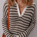 Brown Stripe XL Paris Collared Pullover Chic Sweater