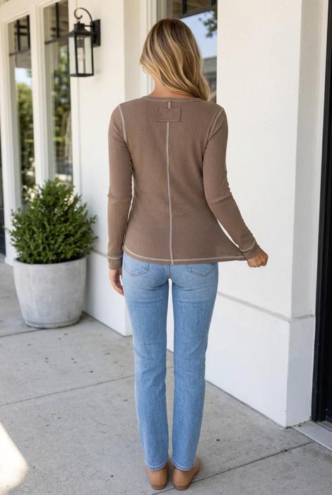 Paula Ribbed Stitched Detail Long Sleeve Top