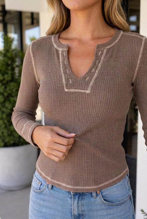 Paula Ribbed Stitched Detail Long Sleeve Top