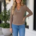 Dark Khaki Medium Paula Ribbed Stitched Detail Long Sleeve Top