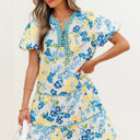  Payton Floral Striped Trim Puff Short Sleeve Dress