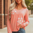 Fresh Salmon Medium Rachel Floral Patchwork V Neck Long Sleeve Top