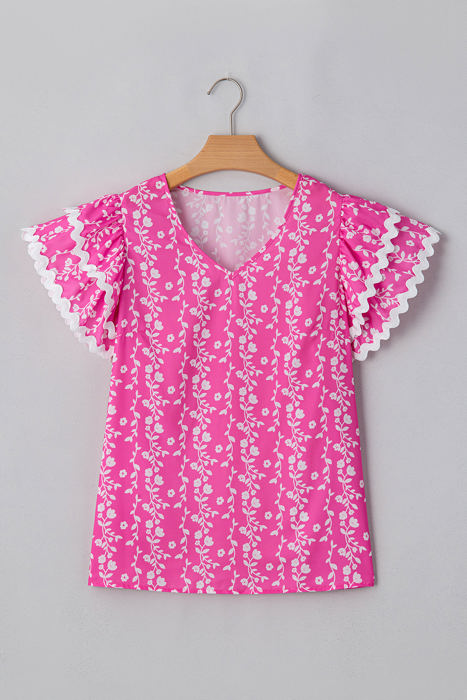 Rayna Floral Ric-rac Tiered Ruffled V Neck Blouse