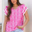 Pink XL Rayna Floral Ric-rac Tiered Ruffled V Neck Blouse