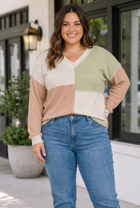 Rhea Block Patchwork Long Sleeve PLUS Top