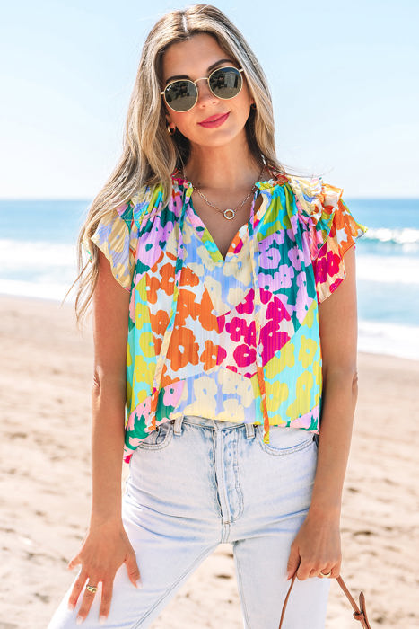 Rosa Flutter Sleeve V Neck Crinkled Blouse