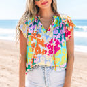 Multicolored Large Rosa Flutter Sleeve V Neck Crinkled Blouse