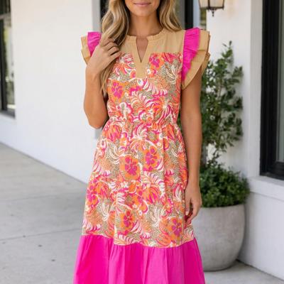 Rose Floral Print Color Block Ruffled Short Sleeve Flared Midi Dress