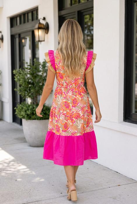 Rose Floral Print Color Block Ruffled Short Sleeve Flared Midi Dress