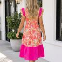  Rose Floral Print Color Block Ruffled Short Sleeve Flared Midi Dress