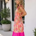  Rose Floral Print Color Block Ruffled Short Sleeve Flared Midi Dress