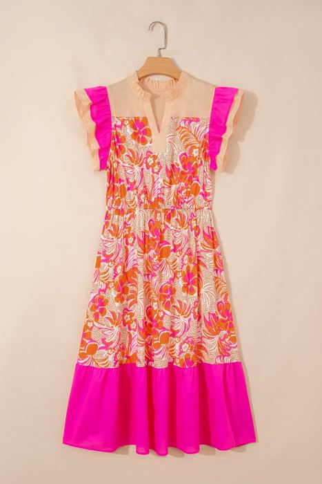 Rose Floral Print Color Block Ruffled Short Sleeve Flared Midi Dress