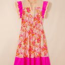  Rose Floral Print Color Block Ruffled Short Sleeve Flared Midi Dress