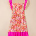  Rose Floral Print Color Block Ruffled Short Sleeve Flared Midi Dress