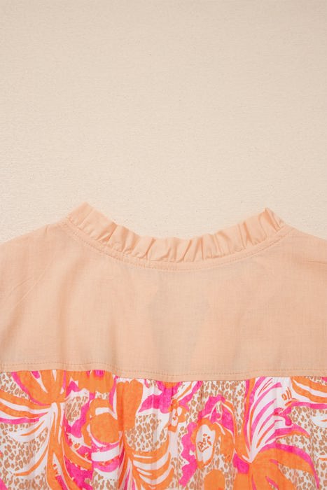 Rose Floral Print Color Block Ruffled Short Sleeve Flared Midi Dress