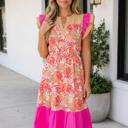 Rose Large Rose Floral Print Color Block Ruffled Short Sleeve Flared Midi Dress