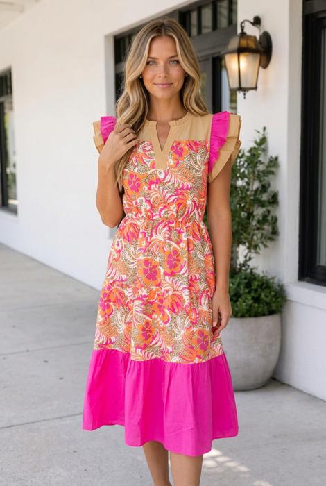 Rose Floral Print Color Block Ruffled Short Sleeve Flared Midi Dress
