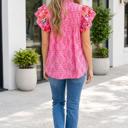  Rose Red Floral Print Pleated Ruffled Flutter Sleeve Blouse
