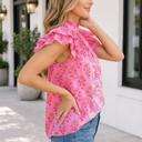  Rose Red Floral Print Pleated Ruffled Flutter Sleeve Blouse