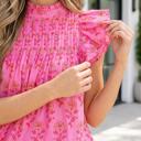  Rose Red Floral Print Pleated Ruffled Flutter Sleeve Blouse
