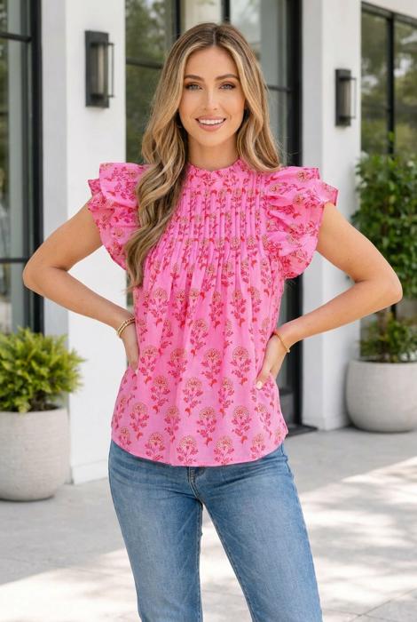 Rose Red Floral Print Pleated Ruffled Flutter Sleeve Blouse