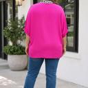  Rose Red Leopard Accent Notched Neck Plus Size Short Sleeve Top