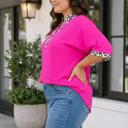  Rose Red Leopard Accent Notched Neck Plus Size Short Sleeve Top