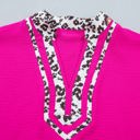  Rose Red Leopard Accent Notched Neck Plus Size Short Sleeve Top