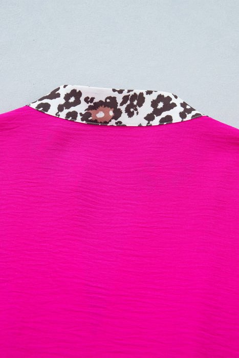 Rose Red Leopard Accent Notched Neck Plus Size Short Sleeve Top