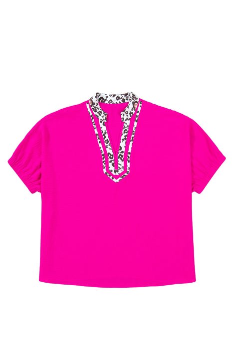 Rose Red Leopard Accent Notched Neck Plus Size Short Sleeve Top