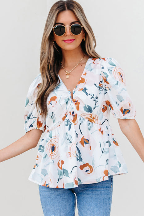 Salome Floral Puff Sleeve V Neck Babydoll Blouse