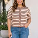 Khaki Stripe 2X Sarah Short Sleeve Knit PLUS Cardigan